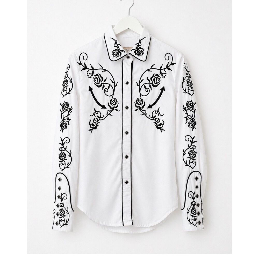 Vintage Scully Western Snap Button Shirt White Floral Embroidered Rodeo Top - S